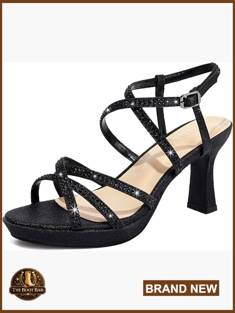 Sparkly Rhinestone Platform Sandals Chunky Block Heel Open Toe Ankle Strap